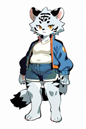 (masterpiece), best quality, expressive eyes, perfect face, ,1girl, simple_background, shirt, furry, animal_ears, shorts, looking_at_viewer, standing, full_body, white_background, tiger_ears, furry_female, jacket, plump body, athletic body, gray fur, chubby ,score_8_up,score_7_up,score_6,source_furry,source_anime,((furry,kemono,anthro)),1girl,score_9,ssource_furry