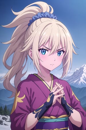 1girl, aura,blue aura, serious,blonde_hair, blue eyes, ponytail, long hair, kimono, no_sleeves, clenched hands, beautiful face, warrior,scrunchie,hair between eyes,toned body, Mountain, battle camp, fingerless gloves, 