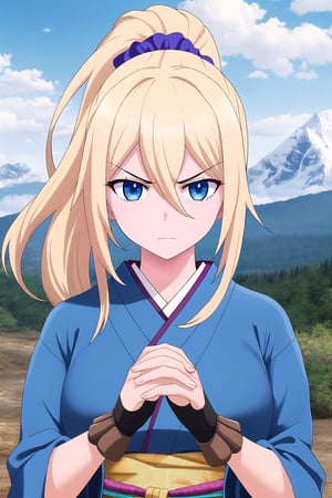 1girl, aura,blue aura, serious,blonde_hair, blue eyes, ponytail, long hair, kimono, no_sleeves, clenched hands, beautiful face, warrior,scrunchie,hair between eyes,toned body, Mountain, battle camp, fingerless gloves, 