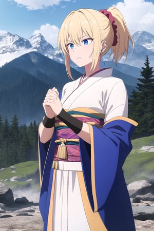 A serene warrior maiden stands before a majestic mountain backdrop, her blonde hair flowing in a long ponytail adorned with a blue scrunchie. Her kimono, sans sleeves, showcases toned arms and a beautiful face with piercing blue eyes. A radiant blue aura surrounds her, emanating an air of quiet determination. Clenched hands grasp the fabric of her garment, as if readying for battle. Fingerless gloves add a touch of armor-like protection to her fingers. The framing captures her serious demeanor amidst the tranquil mountain setting, where she stands vigilant in her warrior's camp.