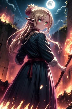 Here is a high-quality prompt for anime artwork:

Masterpiece depiction of a lone, pink-haired elf maiden, Marcille Donato, standing heroically on the edge of a ruined castle at dusk. The night sky is ablaze with a full moon, and the air glows with an aura of energy as she prepares to face an incoming attack. Her long, flowing hair cascades down her back like a river of fire, adorned by a delicate hair ornament that catches the soft light. A black dress cinches at her waist, showcasing her impressive assets, while a gold hairband and choker add a touch of elegance. Her piercing green eyes burn with determination as she assumes a fighting stance, staff in hand, amidst the rubble-strewn battle camp. The scene is bathed in warm, golden light, with a red glow emanating from her glowing eyes - a beacon of courage in the face of danger.