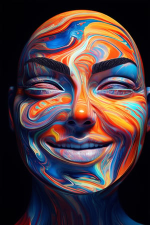 A vibrant 3D rendering of a single face with bright, swirling colors and intricate textures, set against a stark black background. The subject's features are prominent, with bold eyebrows and a wide smile that dominates the frame. Lighting is dramatic, with highlights on the cheekbones and nose, creating a sense of depth and dimensionality.