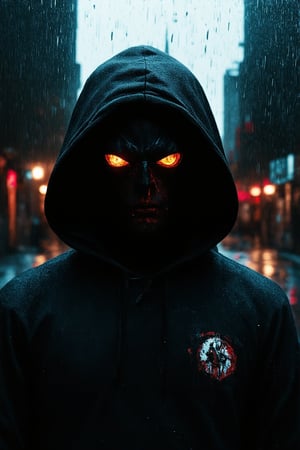 A mysterious figure emerges from the shadows, cloaked in darkness. The hero's face is obscured by a hoodie, their eyes glowing like embers as they gaze out into the night. A cityscape sprawls behind them, neon lights reflecting off the wet pavement. Rain drizzles down, casting a gloomy atmosphere as our dark hero stands ready to take on whatever dangers lurk in the darkness.