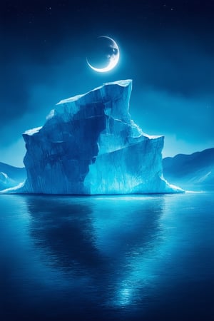 A majestic iceberg rises from a mystical sea, its crystalline façade glinting in shimmering hues of indigo and sapphire under the soft glow of a crescent moon. The surrounding water is calm and tranquil, with delicate ripples tracing gentle arcs across the surface. A delicate mist veils the iceberg's base, shrouding it in an air of mystery as it drifts effortlessly through the dreamlike landscape.