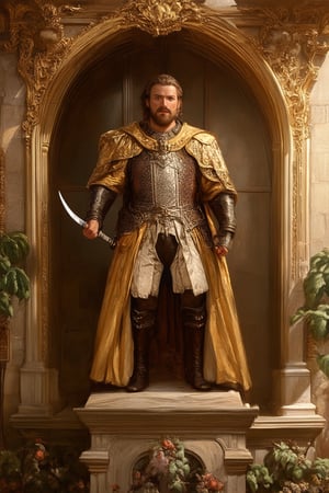 A timeless scene unfolds in a warm, golden light. A majestic medieval king, adorned with regal finery, stands tall on a raised dais, his powerful figure framed by ornate tapestries and stone archways. The atmosphere is rich with history and legend as he holds aloft the sword of old.