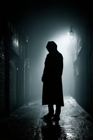 A hauntingly beautiful scene unfolds: a mysterious figure stands alone in a dimly lit alleyway, shrouded in darkness. The only illumination comes from a flickering streetlight above, casting long shadows across the wet pavement. The subject's features are obscured by a hood, adding to their air of secrecy and intrigue.