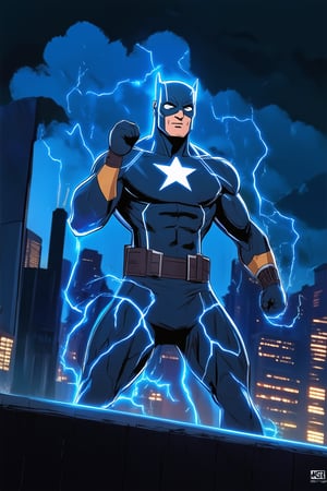 A vibrant and dynamic illustration of a Marvel superhero, bathed in a bright, electric blue glow, with bold lines and vivid colors, set against a darkened cityscape at dusk. The hero's pose is one of confidence and strength, as they stand tall, fists clenched, on the rooftop edge, overlooking the bustling metropolis below.