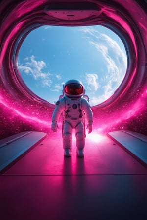 Render a futuristic 3D space with a predominantly pink hue. A sleek, silver spacecraft glides effortlessly through the swirling vortex of hot pink gas and particles, its metallic surface reflecting the vibrant colors. The composition is framed by a circular window on the ship's command center, where a lone astronaut in a white jumpsuit gazes out at the mesmerizing view, hands gripping the edge of the console.