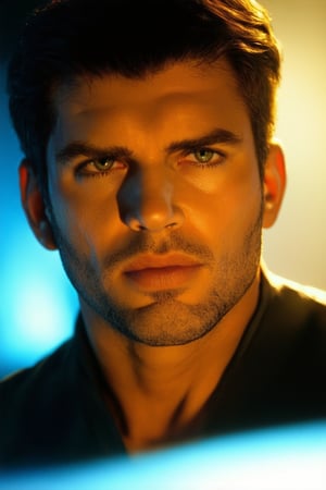 A close-up shot of Jero's face, with a determined expression, set against a soft, golden lighting. His eyes are fixed on something in the distance, a hint of intensity and focus etched across his features. The background is blurred, with a subtle gradient of blues and whites, giving a sense of depth and atmosphere.