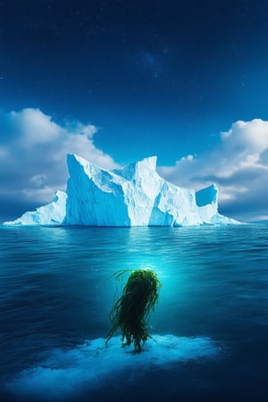 A majestic iceberg rises from a mystical sea, its crystal blue core glimmering like a beacon of wonder. The framing is cinematic, with the iceberg centered and the horizon stretching out to infinity. Soft, ethereal lighting casts an otherworldly glow, as if the stars themselves are illuminating this fantastical scene. In the foreground, delicate tendrils of seaweed dance in the gentle current, while in the background, wispy clouds drift lazily across a cerulean sky. The iceberg's rugged contours seem to defy gravity, its frozen majesty a testament to the magic that lies beneath the waves.