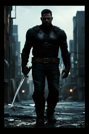 A dark hero emerges from the shadows, framed by a gritty urban landscape at dusk. His rugged features are illuminated only by the faint glow of city lights, casting an ominous silhouette against the darkening sky. He stands tall, his intense gaze fixed on some unseen threat, his hand resting on the hilt of his sword.