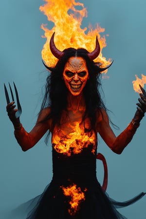 A demonic diva emerges from a fiery inferno, her porcelain doll-like face twisted in a mischievous grin as she brandishes a pitchfork. The camera frames her in a low-angle shot, emphasizing her otherworldly power. Soft, golden lighting casts an eerie glow on the hellish surroundings, while her red horns and tail seem to pulse with an inner flame.