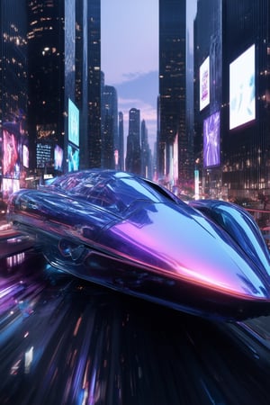 A futuristic cityscape at dusk, with holographic advertisements dancing across the skyline. In the foreground, a sleek Holo Dyss hovercar swoops down, its iridescent body glimmering under the fading light. The composition is balanced by the towering skyscrapers and neon-lit streets below.