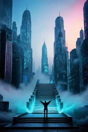 A surreal cityscape at dusk, with towering skyscrapers shrouded in misty fog, as if an acient dream is unfolding. A lone figure stands atop a glowing staircase, arms outstretched, surrounded by swirling clouds of iridescent colors, evoking a sense of mysticism and longing.