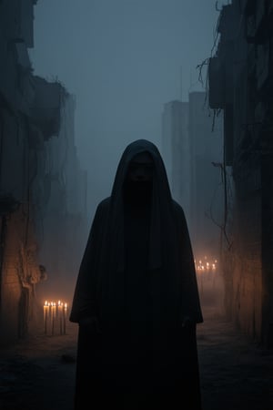 A hauntingly beautiful image: a mysterious figure shrouded in darkness, illuminated only by the faint glow of candles casting eerie shadows on their face. The subject's eyes seem to gleam with an otherworldly intensity as they stand amidst a foggy, abandoned cityscape at dusk, the crumbling buildings looming like specters around them.