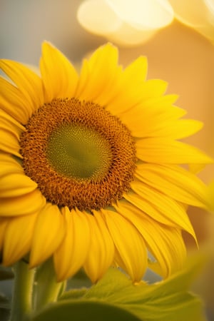 A close-up shot of a bright yellow hue, resembling the vibrant color of a sunflower. The frame is centered around the warm tone, with soft focus blurring in the background. A gentle gradient of light wraps around the subject, casting a subtle glow on the surrounding area. The overall composition evokes feelings of optimism and joy.