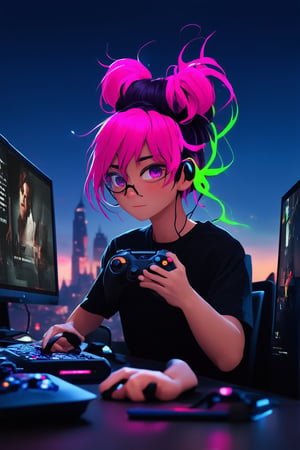 A gamer sits at a desk, surrounded by controllers, consoles, and screens. The art character's bright pink hair is styled in messy buns, with neon green streaks running down the center. A pair of glasses perches on the end of their nose, and a worn-out controller rests in their hands. In the background, a cityscape at dusk glows with vibrant colors, reflecting off the gamer's face as they intensely focus on their next gaming session.