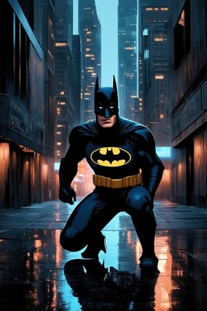 A darkened cityscape at dusk, with neon lights reflecting off wet pavement, sets the tone for a gritty DC Comics scene. The iconic Batman logo shines bright on his chest plate as he crouches low to the ground, surveying the crime-ridden streets. Gotham's towering skyscrapers loom in the background, their windows like empty eyes staring back.