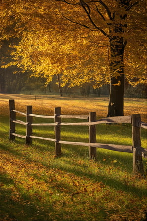 A warm autumn afternoon scene: a rustic wooden fence stretches across the frame, separating a lush meadow from a dense forest. The sun casts a golden glow on the vibrant leaves of deciduous trees, while the air is filled with the sweet scent of ripe fruit and the soft rustle of fallen leaves.