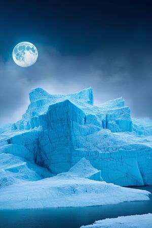 A majestic, ethereal iceberg floats serenely within a mystical realm of swirling mist and shimmering moonlight. The frozen monolith's crystalline peaks glisten like shards of celestial glass, as if kissed by the divine. A delicate latticework of frost and shadows adorns its surface, casting an aura of enchantment.