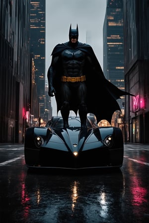 A dramatic cityscape at dusk, reminiscent of Batman's Gotham City, with towering skyscrapers and neon lights reflecting off wet pavement. The Dark Knight stands proudly on a rooftop, cape fluttering in the wind, gazing out over the metropolis he protects. In the foreground, a sleek Batmobile is parked, its headlights casting a beam of light onto the darkened streets.