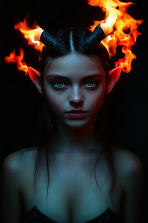 A striking portrait of a girl with horns and a fiery aura, standing defiantly in a darkened room lit by eerie red candles. Her piercing green eyes seem to bore into the soul as she sports a mischievous grin, her pointed ears and sharp jawline accentuating her otherworldly beauty.