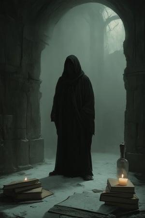 A dimly lit room with walls of worn stone, shrouded in an eerie mist. Shadows dance across the floor as a lone figure, cloaked in tattered black, stands frozen in contemplation. The air is heavy with the scent of old books and forgotten knowledge. A single candle flickers, casting an otherworldly glow on the subject's face, illuminated by the logical darkness that surrounds.