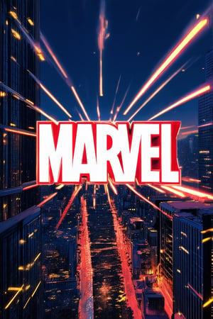 A dynamic close-up of Marvel's iconic bright light logo, with bold fonts and vibrant colors radiating against a dark blue background, set against a cityscape at dusk, with towering skyscrapers and bustling streets below.