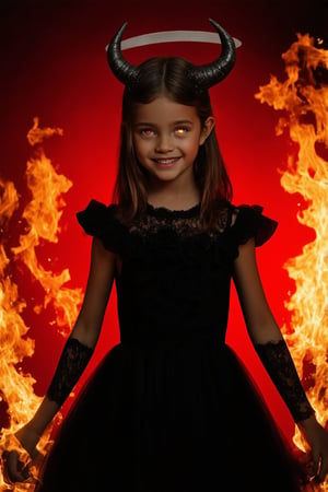 A close-up shot of a young girl with horns and a mischievous grin, standing in front of a fiery red backdrop with sparks flying around her. Her eyes glow bright orange, and she's surrounded by a halo of hellish flames. She's dressed in a flowing black dress, with ruffles and lace details. The lighting is dark and moody, with flashes of intense heat and light. In the foreground, subtle smoke effects add depth to the image.