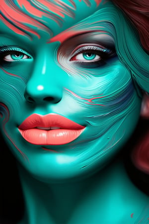 Close-up shot of a vibrant 3D face with mesmerizing colors: swirling turquoise and emerald green hues blend together on the cheeks, while bright coral pink adorns the nose and lips. Soft focus highlights the shimmering turquoise eyes, which seem to gleam with an inner light.