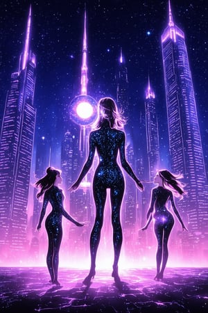 Cosmic Dreamscapes: A surreal, neon-lit cityscape at dusk, with towering skyscrapers and retro-futuristic architecture. Against this backdrop, a group of space-age girls in shimmering jumpsuits and futuristic hairstyles pose confidently, their long hair flowing like stardust. One girl holds a glowing orb, while another gestures towards the starry night sky. The atmosphere is charged with an otherworldly energy, as if they're about to blast off into the cosmos at any moment.