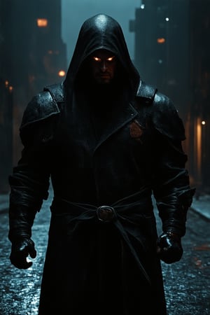 Close-up shot of a mysterious figure shrouded in darkness, their eyes gleaming like embers in the shadows. The hero's rugged features are illuminated only by the faint glow of city lights reflected off the wet pavement, casting an ominous tone. A dark leather duster coat clings to their broad shoulders as they stand tall, fists clenched and ready for battle.