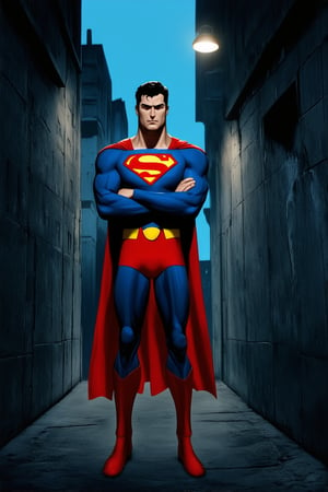 A dark alleyway at dusk, lit only by flickering streetlights. Superman stands tall, his iconic red and blue suit a beacon of hope amidst the shadows. His arms crossed, he gazes out over the cityscape, his eyes a piercing blue. The concrete walls seem to reverberate with his strength, as if the very bricks themselves are infused with his power.