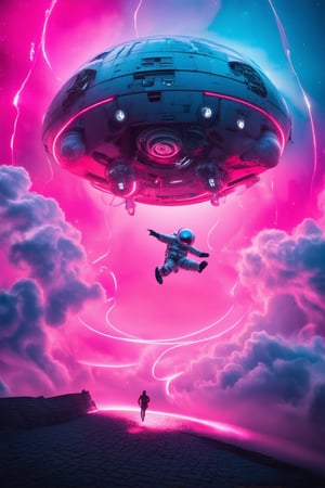 A futuristic, neon-lit spacecraft hovers in a vibrant pink-hued atmosphere, surrounded by swirling clouds of iridescent gas. The ship's sleek, metallic surface reflects the intense pink glow, while delicate tendrils of plasma energy dance around its edges. In the foreground, a lone astronaut floats effortlessly, arms outstretched and face aglow with wonder.