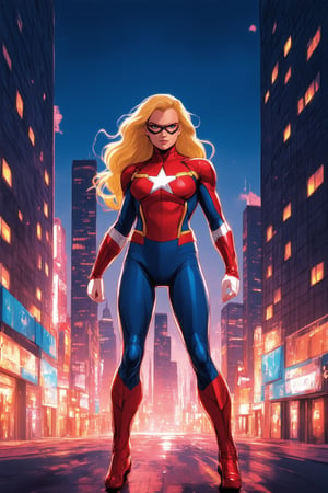 A vibrant, neon-lit cityscape at dusk, with towering skyscrapers and bustling streets, bathed in a kaleidoscope of colors. In the midst of this urban landscape, Captain Marvel stands tall, her iconic red and blue suit glowing like a beacon against the darkening sky. Her powerful pose and confident gaze command attention, as if ready to soar into action at a moment's notice.