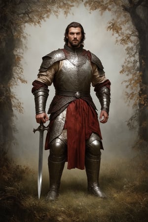 A regal portrait of a strong, yet elegant warrior in a timeless, majestic atmosphere. The framing is centered, with the subject standing tall amidst a misty, medieval landscape. Soft, warm lighting illuminates their face and armor, casting a gentle glow on the surrounding foliage. The composition features a subtle gradient, with the background fading into a soft focus, emphasizing the subject's prominent position. The warrior stands confidently, one hand resting on the hilt of their sword, as if ready to embark on a legendary quest.