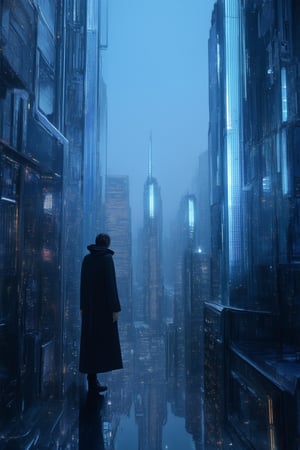 A futuristic cityscape at dusk with a Holo Dyss hovering above: neon-lit skyscrapers and sleek architecture dominate the foreground, while the hazy blue-gray of the atmosphere meets the digital haze of the holo. A lone figure in a long coat stands at the edge of the city, gazing up at the shimmering projection.