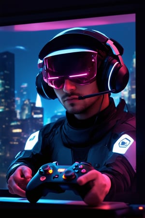 A close-up shot of a gamer's face, illuminated by the soft glow of a computer screen, with a headset and controller at the ready. The character, dressed in a futuristic outfit, has a determined look on their face as they gaze intensely at the screen, fingers poised over the controller buttons. In the background, a cityscape or fantasy world is visible through the window, with neon lights reflecting off the gamer's visor.