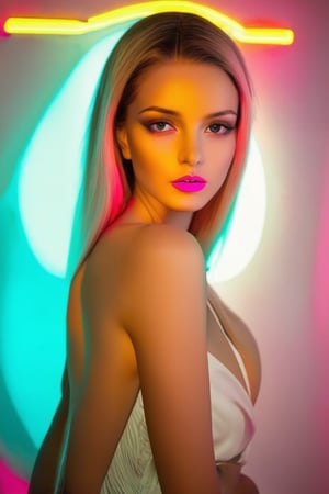 A radiant beauty poses against a bold, neon-lit backdrop in an 80s-inspired aesthetic. Soft, golden light illuminates her porcelain skin and highlighted hair, while a statement pink lip color pops against the pastel hues of her outfit. The composition is tight, with a shallow depth of field isolating the subject's stunning features.