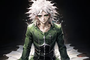 Masterpiece, High quality, best quality,ultra-high resolution, poster of a sexy  Prince, suffering,  burdened by the weight of a crown,  ]  in a  [ ], pissed_off,angry, bodysuit', eye angle view, ,dark anime, nagito_komaeda from danganronpa anime, white hair, green eyes, green butterfly's in backround, wonderland style, full body pic