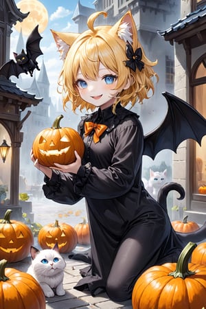 Masterpice, extremely detailed, highest quality, Paint a Black cat, Blue eyed, bat winged cute cat and his owner boy eating  pumpkin ice and eye Ball cream in wonderfull ghost city,  extremely detailed, masterpice, perfect anatomy, utlra-detalied backround, big  pumpkin wings, creepy pumpkins, 1boy, humanoid, nekomimi, vampire, pet owner, smile strawberries, harmony of irregular dissimilarity beauty cat eye, ultra-detailed beautyful   wings,hallow33n,Kengo,yellow hair,hair over eyes,animal ears,paw print on left cheek