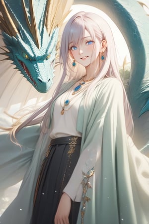 Beautiful, soft light, (beautiful and delicate eyes), very detailed, pale skin, big smile, (long hair), dreamy, medium chest, female 1, ((front shot)), bangs, soft expression, height 170, elegant , Bright smile, 8k art photo, photorealistic concept art, realistic, person, small necklace, small earrings, fantasy, jewelry, shyness, dreamy soft image, masterpiece, ultra high resolution, skirt, shirt, jacket, color , (both eyes (He gently closes his eyes, raises his head slightly, and appears absorbed in pleasant thoughts),dragon