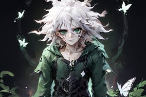 Masterpiece, high quality, best quality, good colors, ultra-high resolution,amazing quality, best aesthetic, absurdres, intricate details, detailed face, poster of a sexy  Prince, suffering,  burdened by the weight of a crown,  ]  in a  [ ], pissed_off,angry, bodysuit', eye angle view, ,dark anime, nagito_komaeda from danganronpa anime, white hair, green eyes, green butterfly's in backround, wonderland style, full body pic