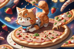 Highest quality, masterpice,Cute cat, delicious pizza,winged candies, many salmon, happy, smiling strawberries, perfect utopia, ,extremely detailed, Asronaut Son Goku dangerous quest in mystery pizza cat univers