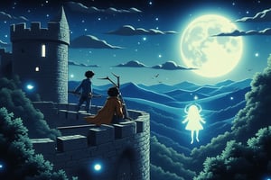 A dark and foreboding scene unfolds: a lone figure, dressed in rugged attire, stands atop an ancient castle wall overlooking a dense forest. He grips a sawed-off shotgun with macho confidence. In the distance, a demonic presence lurks amidst the trees, its ethereal glow illuminated by the full moon's silvery light. A faint aura of death hangs heavy in the air as the sound of children's screams echo through the darkness, muffled and distant.,tshee00d,vector style,firefliesfireflies,Illustration,night sky