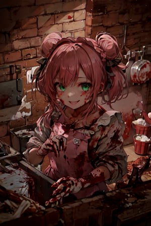 beautiful, 1girl,
(Pink twintail hair:1.2), hair tied up into a bun guilty 
smile, neon green lighting eyes, not T-shirt under bloody white apron, hk_girl, holding a big delicious bloody, meal dish with both hands, kitchen background, bloody walls, lot of human bones, loli, waifu,blurred background