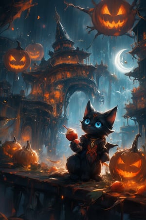 Masterpice, extremely detailed, highest quality, Paint a Black cat, Blue eyed, bat winged cute cat and his owner boy eating  pumpkin ice and eye Ball cream in wonderfull ghost city,  extremely detailed, masterpice, perfect anatomy, utlra-detalied backround, big  pumpkin wings, creepy pumpkins, 1boy, humanoid, vampire, pet owner, smile strawberries, harmony of irregular dissimilarity beauty cat eye,ElectDreDysto,niji,DarkWitch,Sparkle Glowing 