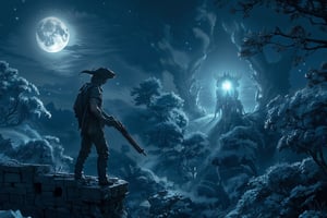 A dark and foreboding scene unfolds: a lone figure, dressed in rugged attire, stands atop an ancient castle wall overlooking a dense forest. He grips a sawed-off shotgun with macho confidence. In the distance, a demonic presence lurks amidst the trees, its ethereal glow illuminated by the full moon's silvery light. A faint aura of death hangs heavy in the air as the sound of children's screams echo through the darkness, muffled and distant.,tshee00d,vector style,firefliesfireflies,Illustration,night sky