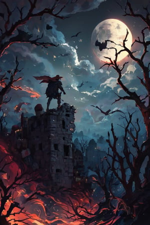 A dark and foreboding scene unfolds: a lone figure, dressed in rugged attire, stands atop an ancient castle wall overlooking a dense forest. He grips a sawed-off shotgun with macho confidence. In the distance, a demonic presence lurks amidst the trees, its ethereal glow illuminated by the full moon's silvery light. A faint aura of death hangs heavy in the air as the sound of children's screams echo through the darkness, muffled and distant.