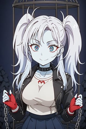 one girl named Alya bloody white color skin,long silver twintail hair,_blue_eyes, i,wearing  Black rock band bloody top, big boobs, faded black  nini skirt, and a spike leather jacket with heavy metal. From a dark background, red hands reach out for her from everywhere. The girl has a strange, crazed laugh on her face.Studded collar around the neck.
patches,alya_imoto,,Beautiful eyes,Eyes, ribbon,Alya Kujou,school uniform, chains, cage,Dragon